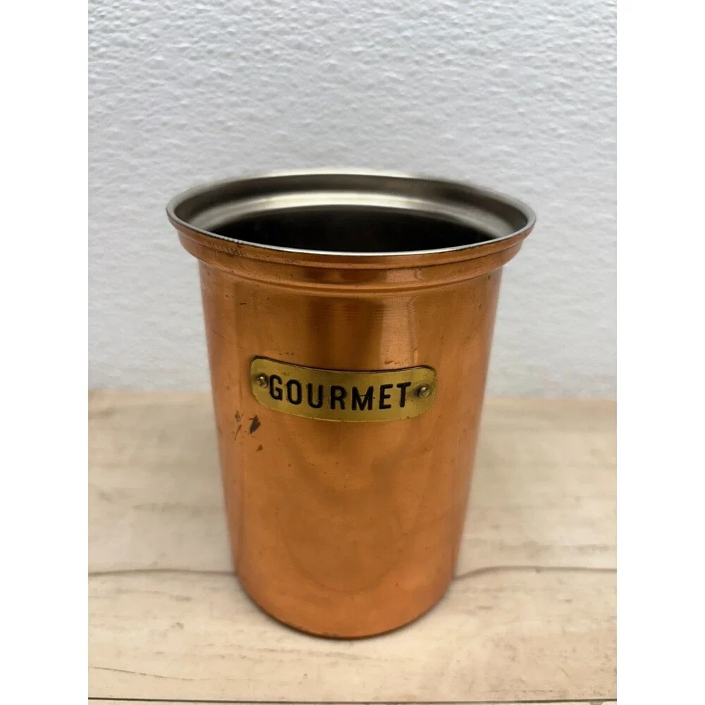 Vtg Copper Gourmet Canister With Brass Tag Made In Taiwan